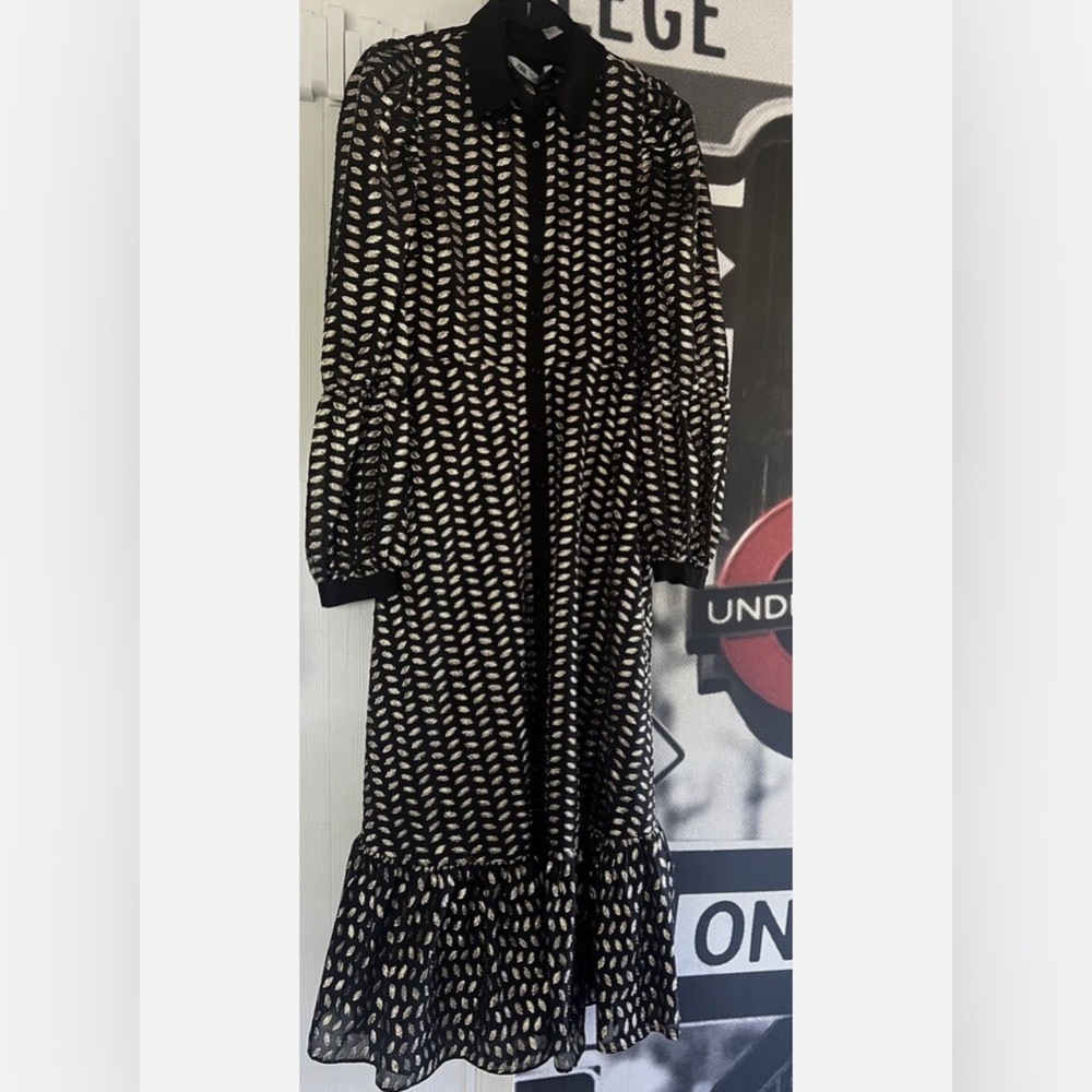 Zara Puff Long Lantern Sleeve Gold Leaf On Black Maxi Dress XS - Picture 12 of 16